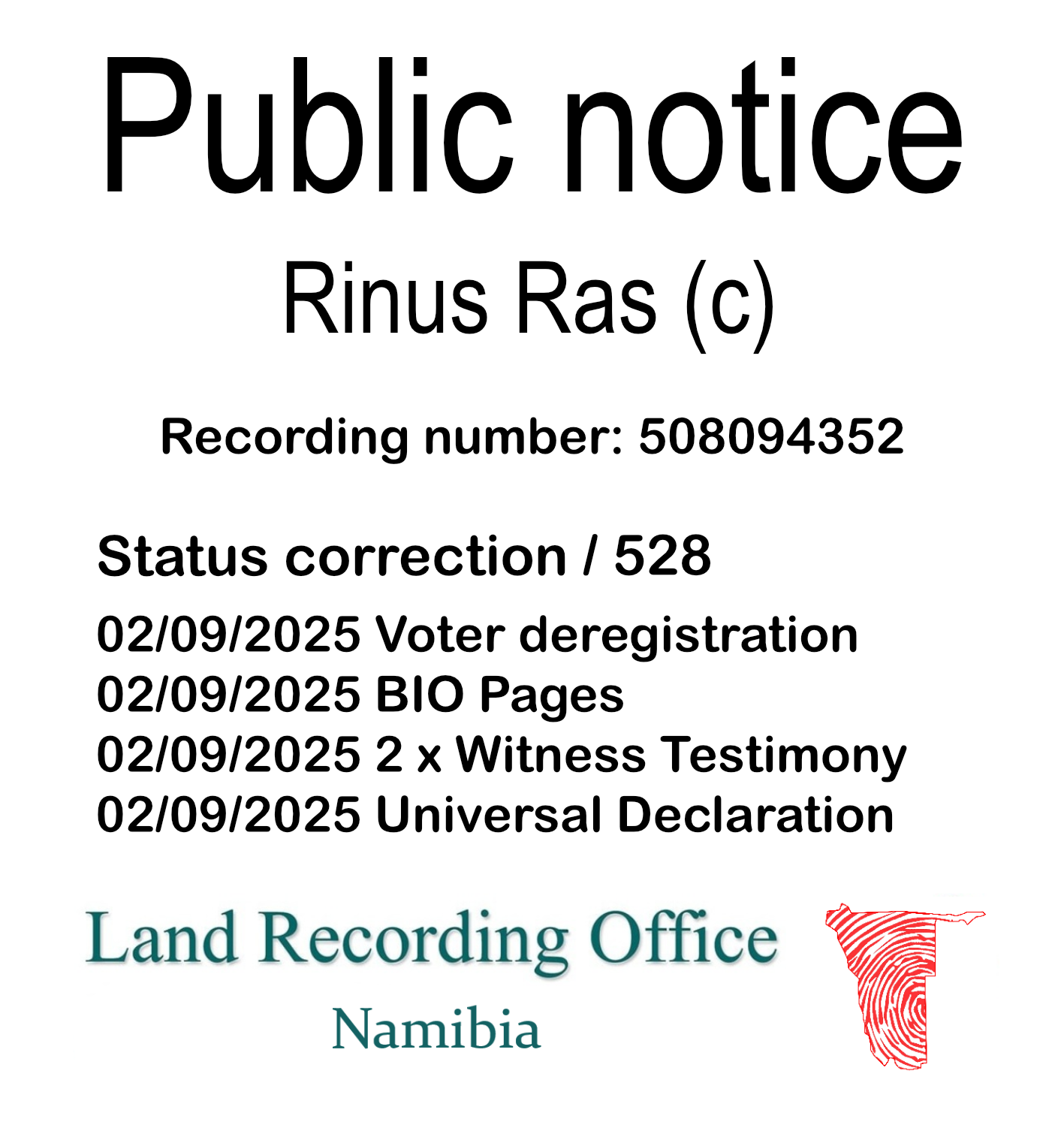 Public Notice Rinus Ras Recording Number 508094352